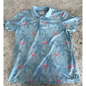 Goodfellow & Co Polo Shirt Size L Blue Flamingo Palm Print